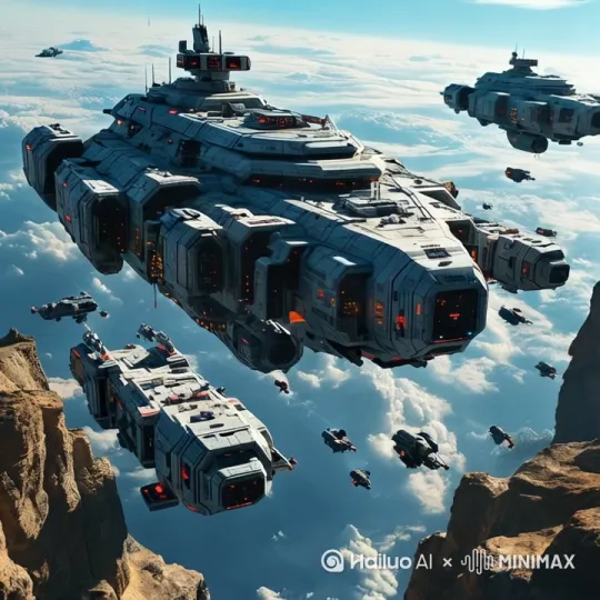 一艘太空飞船，慢慢地飞了过来，下面的小飞船也在向前移动 by Hailuo AI Video Generator