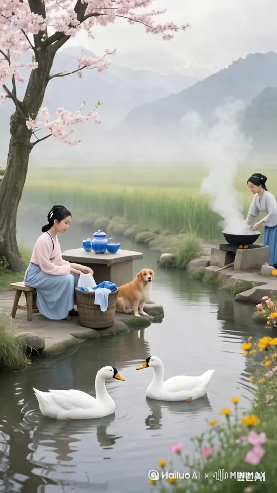 一段展现乡村清晨美好景象的视频，画面从远处朦胧的山峦和翠绿稻田缓缓拉近，清澈小溪中两只白鹅悠然划动，泛起层层涟漪。溪边左侧，一位少妇坐在木凳上，双手在木桶衣物间翻动，专注洗衣，身旁石桌上蓝白茶具错落摆放，黄狗蹲坐一旁，目光追随着溪中白鹅。画面右侧，少女在灶台前忙碌，揭开锅盖，白色热气瞬间升腾弥漫。溪边桃花轻摇，黄粉小花在微风中颤动，整个场景宁静祥和，充满乡村诗意之美，传递出温暖惬意的生活氛围。 by Hailuo AI Video Generator