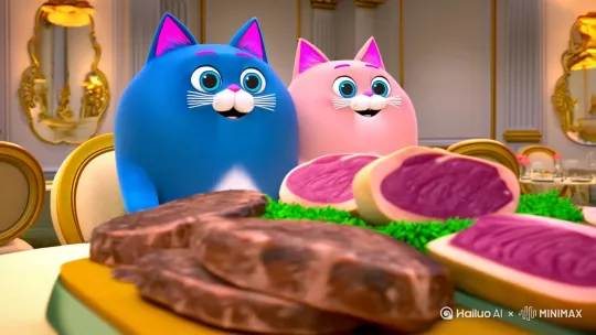 3D动画风格，画面主体是两只猫，一只是只蓝色的胖猫，耳朵内侧为粉色，有着白色的胡须和粉色鼻子和一只画面主体是只浅粉色的胖猫，耳朵内侧为粉色，有着白色的胡须和粉色鼻子，两只猫在餐厅里吃牛排一大桌子豪华大餐 by Hailuo AI Video Generator