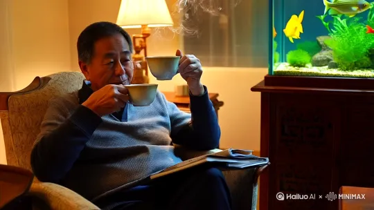 喝茶？喝茶养鱼？刷短视频。美好的中年男人。在家休闲的生活。 by Hailuo AI Video Generator