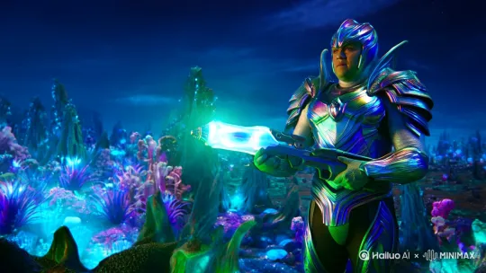 一名外星人战士，在一个奇异的世界里面，拿着能量武器准备埋伏敌人 by Hailuo AI Video Generator
