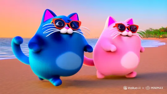 3D动画风格，画面主体是两只猫，一只是只蓝色的胖猫，耳朵内侧为粉色，有着白色的胡须和粉色鼻子和一只画面主体是只浅粉色的胖猫，耳朵内侧为粉色，有着白色的胡须和粉色鼻子，两只猫在沙滩玩耍，戴着墨镜看夕阳 by Hailuo AI Video Generator