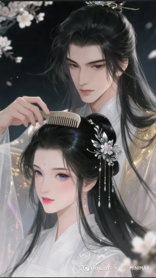 男子手中的梳子从前往后梳理女子头发，动作自然流畅逼真，女子缓缓闭上眼睛  男子深情看着女子，动作轻柔，背景的花瓣缓缓飘落，增加整体浪漫气氛 by Hailuo AI Video Generator