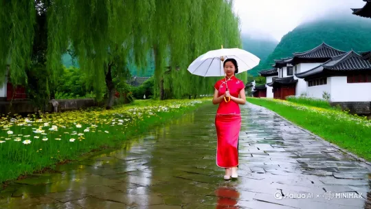 一个雨天的江南水乡场景。一位身穿传统旗袍的女子撑着一把油纸伞走在石板路上，她的身影显得优雅而端庄。周围环境非常优美，两边有盛开的黄色和白色的小雏菊以及垂柳和其他绿色植被，营造出一种宁静而诗意的氛围。
背景中可以看到远处的青山被薄雾笼罩，增添了几分神秘感。右侧有几座白墙黑瓦的传统建筑，典型的中式风格让人感受到浓厚的历史文化底蕴。整个画面色调清新淡雅，以绿色为主调，搭配上白色的天空和灰色的石板路，给人一种平和、舒适的感觉。
画面不仅展示了美丽的自然风光，还体现了中国传统文化的韵味，仿佛让人置身于一幅水墨画之中。9:16 by Hailuo AI Video Generator