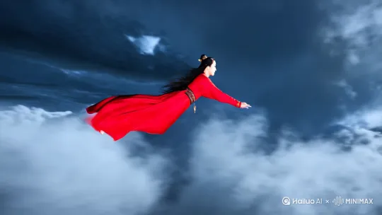 一个身穿红色汉服的古代美女，在云层中穿梭飞行,镜头跟随，fpv视角，云层滚动，镜头冲击力强，镜头穿梭，第一视角，高速飞行，动态模糊，紫色闪电在云层中闪烁 by Hailuo AI Video Generator