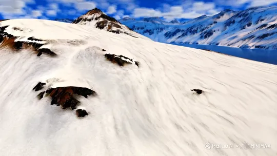 超写实风格、电影质感，
航拍镜头，镜头由仰视到平视，从阿尼玛沁雪山脚下快速的到雪山之尖，飞过到年保玉则，从年保玉则水面快速飞过、到鄂陵湖，镜头向右旋转，蓝天白云在飘动 by Hailuo AI Video Generator
