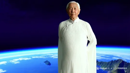 [推进,上升]长者中国龙头的白衣老人，仙风道骨，衣袖漂浮，双手背在身后，从宇宙中俯视地球，最后化为一条巨龙向宇宙深处飞去。 by Hailuo AI Video Generator