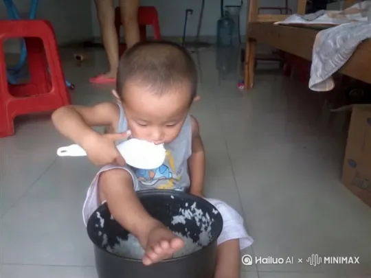 图中是一个小孩坐在地上，正用一个白色的勺子从一个黑色的大碗里舀饭吃。以下是一段详细的提示词：
 
在一个温馨的室内环境中，一个光着脚丫的幼童正坐在光洁的地板上。幼童穿着一件灰色的无袖上衣，衣服上有色彩鲜艳的图案，下身穿着白色的短裤。他的面前放着一个黑色的大碗，碗里盛满了白花花的米饭。幼童右手握着一把白色的勺子，勺子里盛着一些米饭，正往嘴里送，脸上露出专注的神情。
 
在幼童的左侧，有一个红色的塑料小凳子，显得格外醒目。背景中可以看到一些家庭用品和家具，隐约还有一个成年人的部分身影，似乎在忙碌着其他事情。整个场景充满了生活气息，给人一种温暖、纯真的感觉，仿佛捕捉到了日常生活中一个可爱而又质朴的瞬间。 by Hailuo AI Video Generator