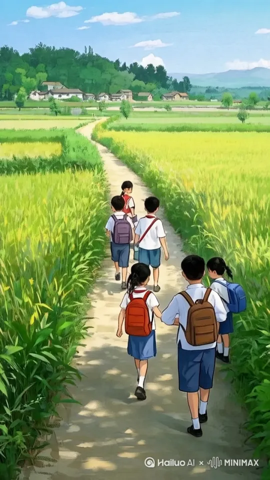 固定镜头，田野的小路上跑着一群背着书包的儿童沿着小路跑向远处 by Hailuo AI Video Generator