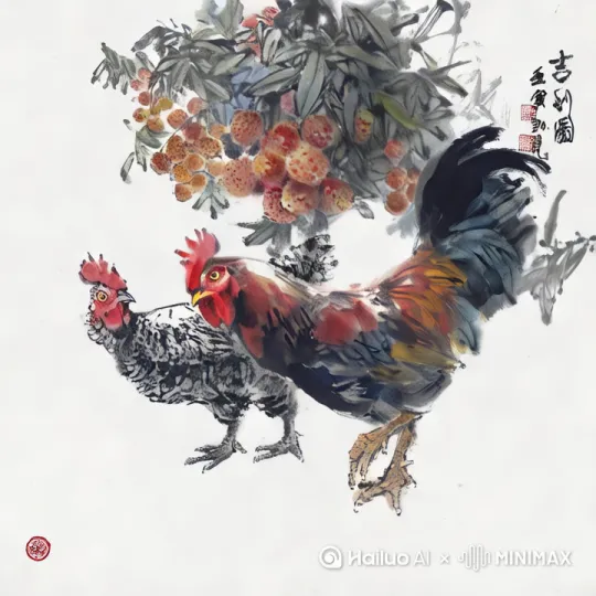 鸡活灵活现的动起来。荔枝也在风中摇摆。 by Hailuo AI Video Generator