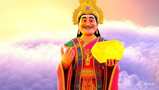 财神手里拿着元宝，咧嘴笑，脚下及周身有棉花糖一样的祥云 by Hailuo AI Video Generator