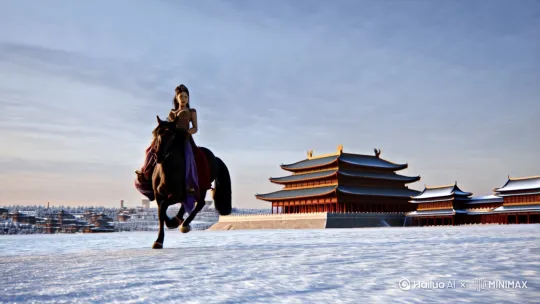 奢华的杨玉环大胸 低胸装。冬装骑马跑起来结合历史场景。需要近景中景远景  远处为唐朝的宫殿 by Hailuo AI Video Generator