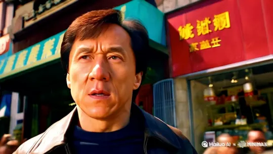 画面中的人是成龙，他从焦虑的情绪突然转变成开心的情绪，得意地冲出画左，他身后有跑动的人群，镜头保持稳定不动 by Hailuo AI Video Generator