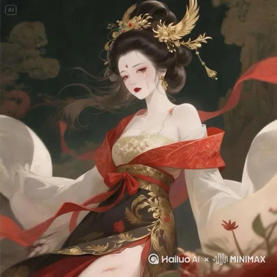 人物缓缓闭眼，泪滴划过脸颊身后飘带略微飘动，镜头逐渐拉高 by Hailuo AI Video Generator