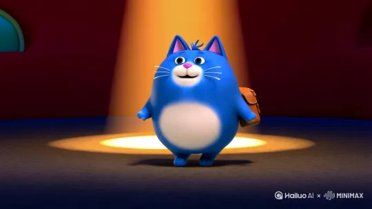 一只圆胖的蓝色卡通猫，背着棕色小书包，在聚光灯下跳舞，中景，色调整体和小猫身上颜色相符，动画风格 by Hailuo AI Video Generator