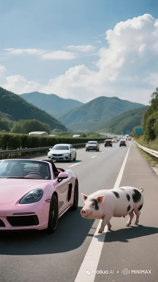 生成动态词：肥猪前蹄踩上油门，跑车“轰”地启动，歪歪扭扭向前冲，吓得公路上的汽车纷纷躲避，肥猪得意地甩着尾巴，扬起一路尘土。 by Hailuo AI Video Generator