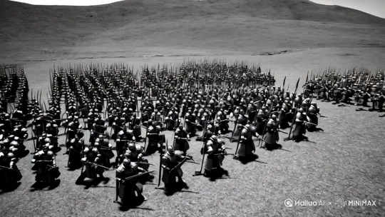 黑白两种小人，双方人数都非常多，装备着古代铠甲和武器，准备进行一场激烈的战斗 by Hailuo AI Video Generator