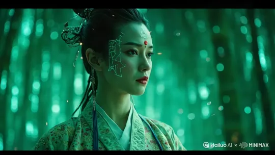 00:00-00:05 全景镜头
竹海翻涌着青玉色数据流，机械竹枝突然折射出霓虹残影。镜头穿过全息符咒组成的结界，露出悬浮在墨绿色能量场中的古机甲鸾鸟。

00:06-00:10 特写镜头
缠着纳米丝绸的素手拂过锈蚀齿轮，指间突然迸发量子火花。镜头沿着青鸾AI核心的裂缝推进，映出瞳孔里交替闪烁的阴阳鱼全息投影。

00:11-00:15 仰拍镜头
竹叶状能量碎片如暴雨坠落，墨发突然挣脱发簪束缚。发丝间缠绕的发光神经束将星链卫星残骸组成剑阵，在月相算法演算下结成诛仙矩阵。

00:16-00:20 动态环绕镜头
绣着电路纹样的广袖拂过数据湍流，露出腰封上跳动的灵力值全息仪表。足尖轻点机械竹枝时，绣鞋暗藏的量子推进器喷出靛青色尾焰。

00:21-00:25 慢镜头
眉心朱砂突然裂变成血色激光束，扫描到竹林深处涌来的赛博心魔。左手结出九字真言法印，右手从虚空拔出由废弃卫星天线改造的诛邪剑。

00:26-00:30 俯冲镜头
剑锋劈开裹挟着二进制经文的黑雾，剑穗上的微型反应堆释放出净化辐射。飘落的机械竹叶在半空重组为《赛博渡劫指南》字幕，最终化作漫天星图没入丹田量子丹炉。

[画外音AI女声]
"当5G信号成为新灵脉，当区块链记载三界因果——欢迎见证2077年最硬核的赛博修仙直播。"

[片尾定格]
角色侧脸特写：左眼是水墨丹青，右眼流淌着数据瀑布，嘴角扬起时露出虎牙位置的微型激光发射器。 by Hailuo AI Video Generator