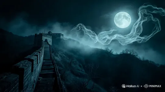 [推进,上升]深夜里万里长城的上空幽灵飞舞，氛围阴森恐怖 by Hailuo AI Video Generator