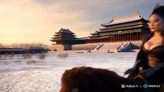 奢华的杨玉环大胸 低胸装。冬装骑马跑起来结合历史场景。需要近景中景远景  远处为唐朝的宫殿 by Hailuo AI Video Generator