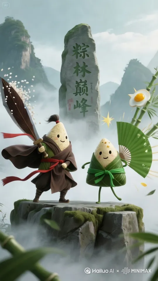 云雾缭绕，两个拟人化的粽子从天空中飘落下来。落到岩石上 by Hailuo AI Video Generator