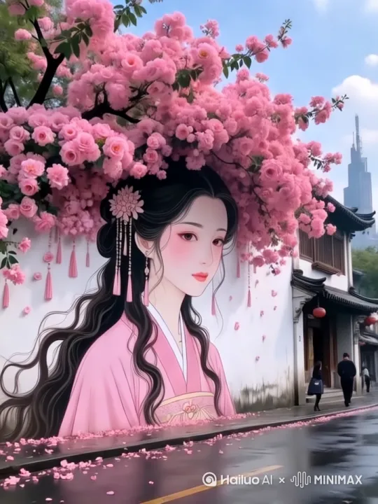 图片中的墙体不动，人物不动，花朵和头发在风的吹动下自由飘动，花枝轻颤，花朵不断飘落在地，女孩眼睛跟随，运镜左摇30 by Hailuo AI Video Generator