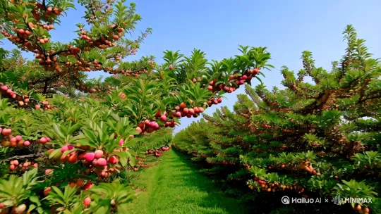荔枝园里，成熟的茘枝，树上，[推进,上升]有几只快乐的漂亮小鸟，快乐飞翔 by Hailuo AI Video Generator