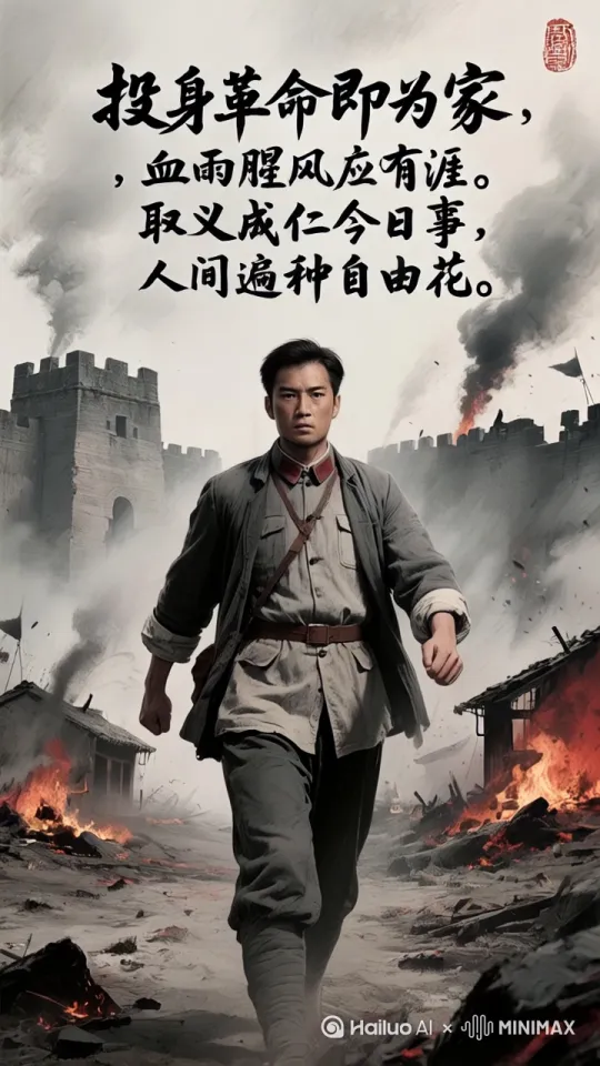 战前宣誓：握拳高举、目光如炬，红旗在风中猎猎作响，战士们嗓音嘶哑却坚定：“保家卫国，死战不退！” by Hailuo AI Video Generator