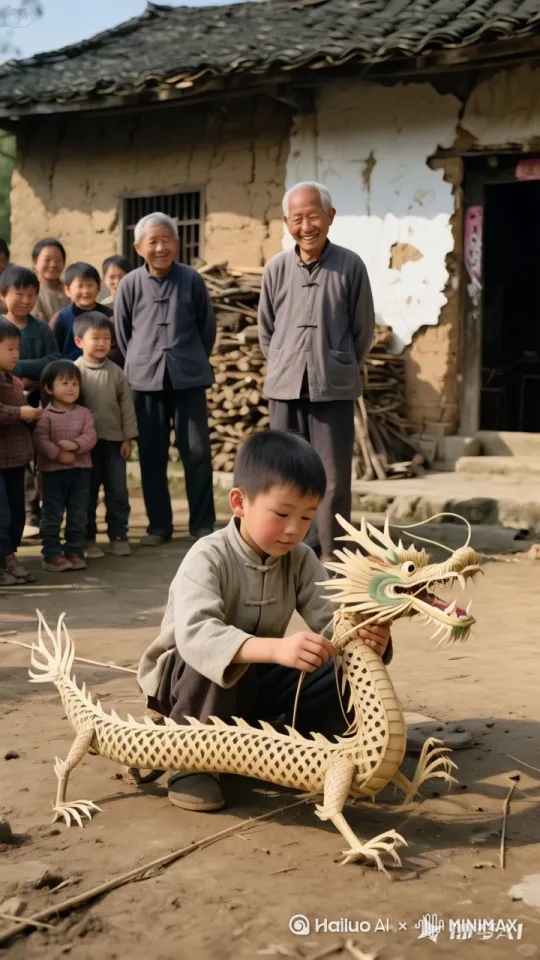 镜头移动，动态跟随。小朋友迅速拉动竹篾，竹龙瞬间活过来，扭动身躯，朝着天空中飞去。 by Hailuo AI Video Generator