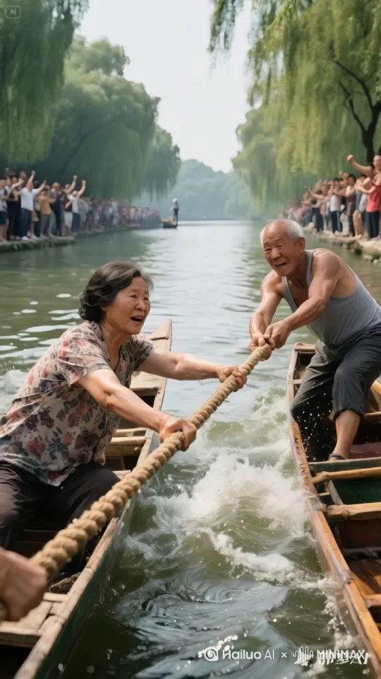大妈拼命地向左划。大爷拼命地向右划，拔河比赛非常激烈。部分虽然说我最后两只在中央转圈来了，整个拔河比赛到船转圈越转越快的过程要非常的流畅丝滑 by Hailuo AI Video Generator
