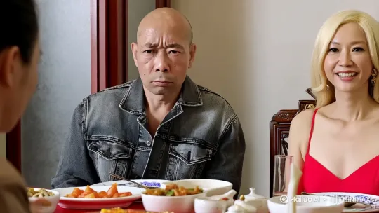 画面中一个光头男性身穿牛仔坐在中式餐桌旁看向镜头，在他身旁，是一个留着金发身穿红色吊带的欧美女性微笑着看向镜头。 by Hailuo AI Video Generator