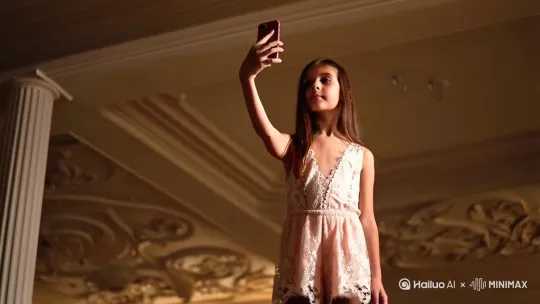 穿着蕾丝连体裙黑丝的女生在房间里自拍[推出,上升,下摇] by Hailuo AI Video Generator