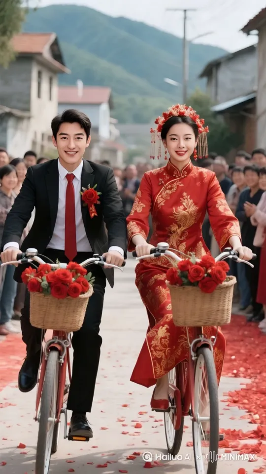 婚礼现场骑车前行，[拉远,上升,下摇] by Hailuo AI Video Generator