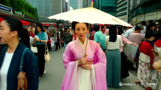 一位古代穿越过来的美女穿着粉色汉服打着油纸伞，走在现代的城市闹市区，一脸惊讶的看着来来往往的现代人。等待着她心心念念的良人何时归来。[推出,上升,下摇] by Hailuo AI Video Generator