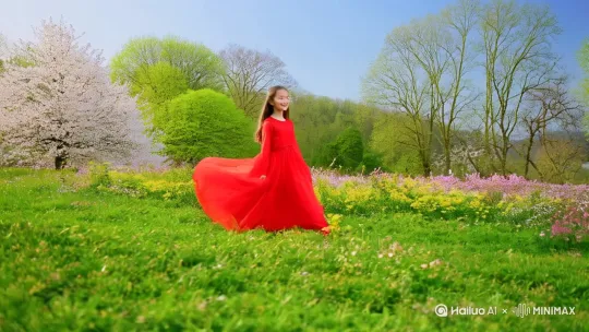 以朱自清的春为背景画面，一个穿着红衣的少女，面带微笑，在春天里徜徉。 by Hailuo AI Video Generator