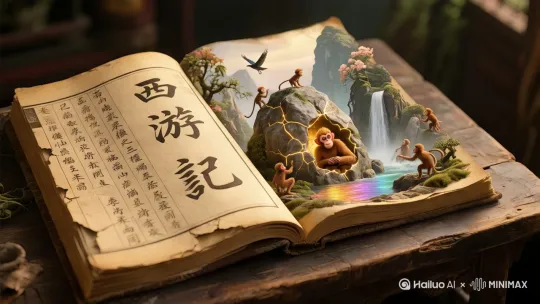 画面提示词：一本年代久远、边角破损的泛黄古书平放在旧书桌上展开。书页左侧，细密的古代汉字整齐排列，散发着浓浓的历史气息，统一写着“西游记”三个大字。书页右侧为裸眼3D特效呈现出的石猴出世场景：花果山顶仙石矗立，表面裂纹中透出金光，石胎内蜷缩的灵猴轮廓若隐若现；群猴攀在峭壁藤蔓间探头张望，飞鸟惊起掠过水帘洞瀑布，山涧雾气凝结成七彩光晕，泛黄书页边缘微微卷起，纸张质感真实可触，暖调光线为整个画面增添温馨氛围。所有人物场景都限制在书页内。  

动态提示词：仙石迸裂时碎屑裹着金光悬浮半空，石猴伸展四肢凌空翻跃，落地时溅起碎石惊散群猴；瀑布水珠凝成虹桥，灵芝草叶随气浪起伏轻颤；镜头固定于石猴初次睁眼的金色瞳孔与迸裂仙石中未消散的混沌灵气。 by Hailuo AI Video Generator