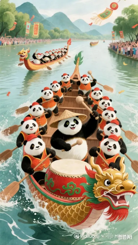 帮我生成一个视频：帮我生成视频展示：场景描述：端午节龙舟赛现场，宽阔河流两岸挤满欢呼。漂动悬挂绿树间，远处山峦连绵。主体描述：二十一只毛发光亮的橘白熊猫动作描述：全身微动手摇船桨动起来，船边有水花升起来，头戴红色帽子身穿节日小马甲，在装饰华丽的龙舟上奋力竞赛。动作描述：龙舟头部深金色龙头威严动起来，眼睛炯炯有神微动，嘴巴张口微动口。嘴下巴长红色龙须飘动，船身红绿花纹随划桨节奏起伏，中央红鼓面绿色花纹清晰可见，一只黑白色熊猫头戴农村人竹笠帽眼睛炯炯有神微动，双手拿鼓槌举起击在鼓面一起一下大力击鼓动作，二十只猫微动整齐划动木桨激起水花前进，后排龙舟群猫微动奋力追赶形成竞争态势前进。视觉风格：高饱和色彩搭配，毛发动态物理模拟，4K细节呈现龙舟木质纹理与猫咪表情。氛围：鼓点与水声强弱交替，群体口号声与观众欢呼声交织，慢镜头展现水珠飞溅与毛发飘扬瞬间。技术细节：60帧动态捕捉呈现真实肌肉运动，广角镜头突出龙舟阵列的视觉冲击力，运动模糊增强划桨速度感。帮生成高清视频。比例 9:16。 by Hailuo AI Video Generator