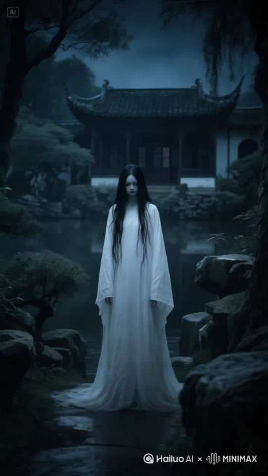 女鬼腾空向后方飘离飞远，中式恐怖风格，固定镜头。 by Hailuo AI Video Generator