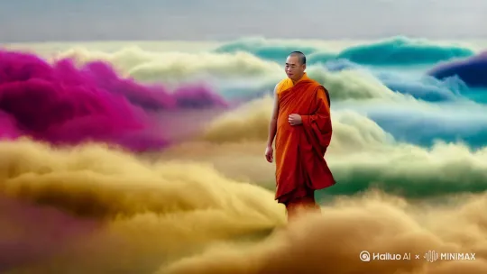 一个身披袈裟的和尚脚踩五彩祥云而来 by Hailuo AI Video Generator