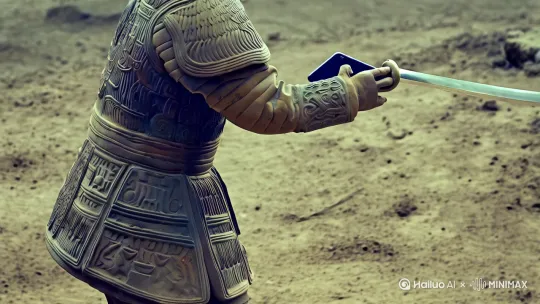 一名穿盔甲的兵马俑在沙场战斗，侧身，一只手手持手机打电话，一手持刀战斗，发出怒吼，灰头土脸，低饱和度，史诗般的构图，皮肤细节，全身像，超精细，真人写真，电影海报，高清画质图片，画面书法体文字“喂！在上班呢！打什么电话！” by Hailuo AI Video Generator