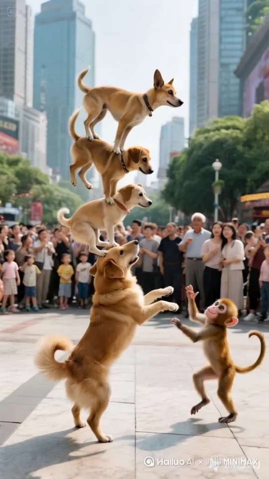 镜头移动，动态跟随，猴子后退助跑一下施展中国功夫，一跃飞起来稳稳的站在最上面一只狗狗的背上，围观的人鼓掌喝彩，动作流畅，丝滑自然，不卡顿，不畸形 by Hailuo AI Video Generator