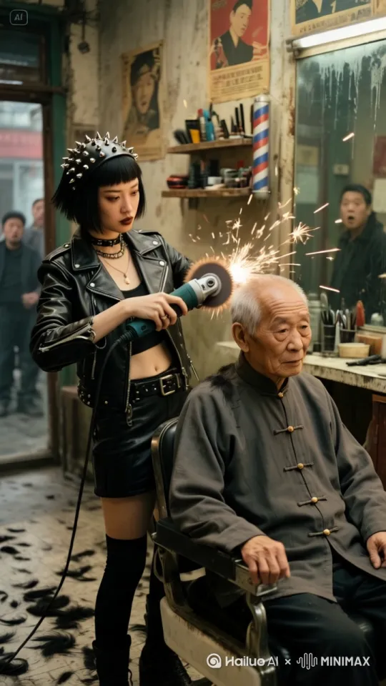 [推进,上升]美女手拿角磨机在大爷头上疯狂的理发，角磨片快速旋转，大爷哈哈大笑 by Hailuo AI Video Generator