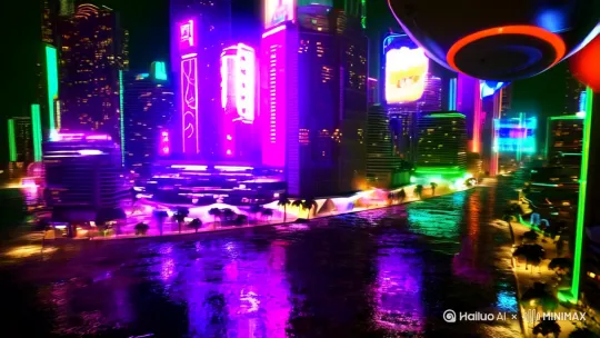 霓虹灯闪烁未来城市，高饱和紫色与青色对比，雨后湿漉漉地面反射城市灯光，空中悬浮全息广告，密集高楼间穿行飞行汽车 by Hailuo AI Video Generator