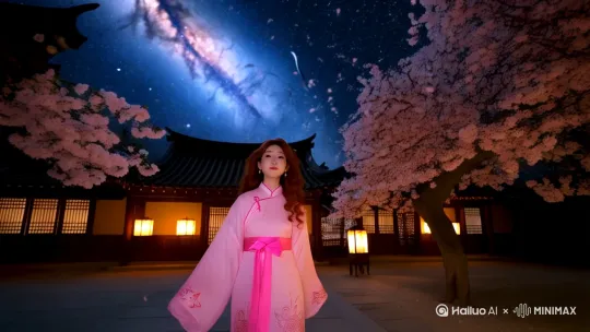粉色唐装女孩站在中式庭院中，抬头仰望星空，庭院中有灯笼和樱花树，背景是璀璨的星空，银河横贯画面，牵牛星与织女星在银河两侧闪烁。
樱花花瓣缓缓飘落，银河微微流动，星光闪烁，
牽牛星与鉙女星的光芒微微波动 by Hailuo AI Video Generator