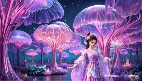 女子在奇幻森林里快乐飞翔，奇幻森林里的树在变换着颜色，镜头追随女子飞向远方 by Hailuo AI Video Generator