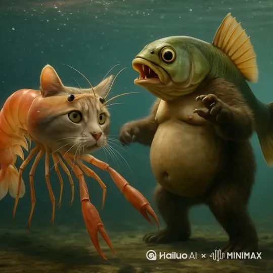 打架，鱼把虾猫打倒 by Hailuo AI Video Generator