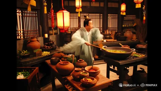 哪吒之魔童闹海中的太乙真人站在厨房搞笑做饭视频 by Hailuo AI Video Generator