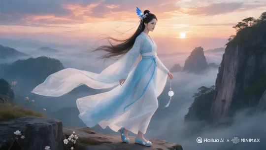 在云雾缭绕、绝壁千仞的悬崖边，落日的余晖洒下，猎猎长风拂动，绚烂霞彩漫天。月娥仙子高挑轻盈，身姿婀娜似柳，她瓜子脸小巧，肌肤胜雪，自带柔光。丹凤眼顾盼生姿，柳叶眉婉约，鼻梁高挺，唇如樱桃。乌发如瀑垂至腰间，一支蓝色水晶羽毛发簪在发间闪烁着梦幻光芒。她身着一袭淡蓝拖地纱裙，外纱飘逸，内有白绸衬里，宽袖绣着精致边纹，腰间浅蓝丝绦挂着白玉铃，走动间发出清脆声响，淡蓝绣鞋上绣着俏皮可爱的小花。
 
此时，一只恐龙从悬崖边上缓缓露出身形。月娥仙子眼中闪过兴奋光芒，她快步上前，身姿矫健。紧接着，她利落地翻身一跃，稳稳地骑上恐龙脊背。她身向前倾，身体紧贴恐龙脊背，双手有力地紧握缰绳，手指紧扣缰绳，双腿微微夹紧恐龙身躯。
 
随着一声低鸣，恐龙展开双翅，先是迅猛地如离弦之箭般俯冲而下，月娥仙子俯身的姿态充满果敢，她根据飞行姿态灵活调整身体。而后，恐龙又轻盈地盘旋上升，在广袤无垠、湛蓝如宝石的天空中，与洁白似棉絮的云朵相伴。远处，形态各异的悬浮山峦如梦如幻，山涧云雾缭绕，空中岛屿点缀着奇花异草。
 
镜头如灵动飞鸟，紧紧跟随他们的飞行轨迹。从高空俯瞰的远景逐渐拉进至近景，再突然切换到特写镜头，捕捉月娥仙子兴奋、坚定的细微表情，随后又拉远展现这奇幻世界的广阔全景。背景适当虚化以突出主体，光影效果增强了画面层次感。
 
整个场景氛围自由奔放，充满未知的冒险精神。月娥仙子的每一个动作和表情，都淋漓尽致地传达出她对这片神秘土地的深深热爱与强烈的征服欲望。画面整体呈现浓郁的奇幻风格，以蓝色、绿色为主色调，色调鲜艳夺目且富有层次感。高饱和度色彩增强了奇幻感，细腻丰富的纹理与巧妙的光影效果，营造出神秘莫测又美丽动人的视觉美学。 by Hailuo AI Video Generator