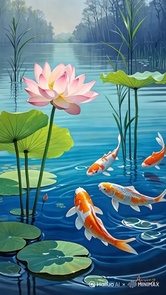 鱼儿游来游去，水波荡漾，荷叶荷花微微晃动[推进]游动[推出,上升,下摇] by Hailuo AI Video Generator