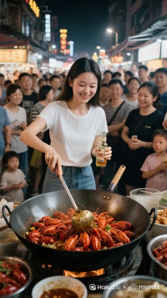 只见美女原地旋转、手臂快速一挥，锅中的食材飞到空中急速旋转、快速旋转，随后食材依次落下，散发出诱人的香味。周围的人群满脸惊叹，有的张大嘴巴，有的不禁拍手叫好。 by Hailuo AI Video Generator